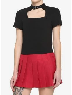 Budget ⭐ Black Buckle Choker Cutout 👧 Girls Crop T-Shirt ❤️