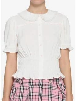 Flash Sale ⌛ White Smocked Puff Sleeve 👧 Girls Crop Woven Top 🤩