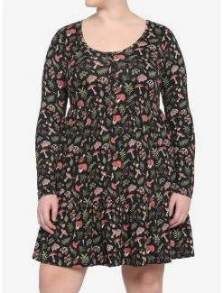Best Sale 👍 Woodland Mushroom Tiered Long-Sleeve 👗 Dress Plus Size 🎁