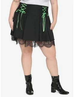 Wholesale 😀 Black & Green Lace-Up Pleated 👗 Skirt Plus Size ⭐