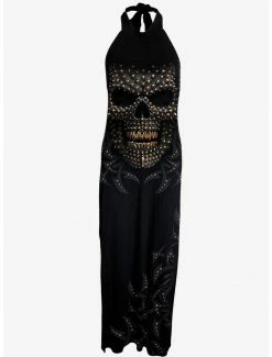 Promo 😀 Black Gold Skull Halter Maxi 👗 Dress ❤️