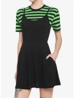 Best Pirce ❤️ Black & Green Stripe Twofer Skater 👗 Dress ⭐