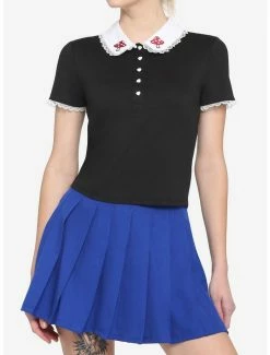 Coupon 😉 Mushroom Embroidered Collar 👧 Girls Polo Crop T-Shirt 🛒