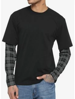 Best Pirce 😀 Black & Grey Plaid Sleeve Twofer Long-Sleeve T-Shirt 🧨