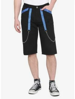 Discount 🔥 Black & Blue Chain Moto Shorts 👍