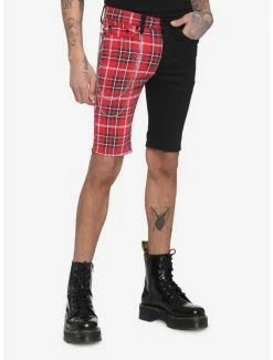 Outlet ๐ Black & Red Plaid Split Chain Denim Shorts โ