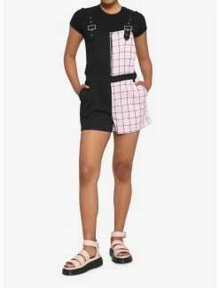 Promo ⭐ Black & Pink Grid Split Shortalls ⌛ -HT Style Outlet Store 16909004 av1