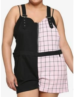 Wholesale ⭐ Black & Pink Grid Split Shortalls Plus Size 🛒