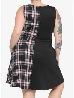 New ⌛ Black & Pink Plaid Split Skater 👗 Dress Plus Size 🧨 -HT Style Outlet Store 16916092 av2