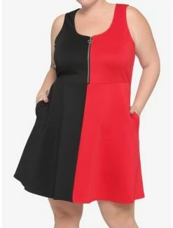 Coupon 😀 Red & Black Split Skater 👗 Dress Plus Size ⌛