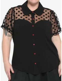 Best Sale 🌟 Black Flocked Heart 👧 Girls Woven Button-Up Plus Size 🌟