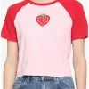 Cheap 💯 Red & Pink Strawberry 👧 Girls Raglan Crop T-Shirt 👏