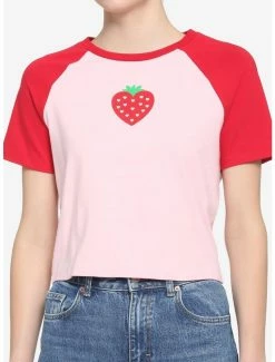 Cheap 💯 Red & Pink Strawberry 👧 Girls Raglan Crop T-Shirt 👏