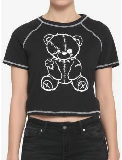 Best deal 🎉 Black & White Damaged Teddy Bear 👧 Girls Crop T-Shirt 🧨