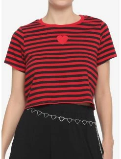 Buy ✔️ Red & Black Stripe Heart 👧 Girls Boxy Crop T-Shirt 👏