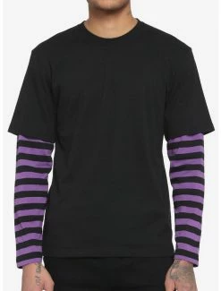 Deals ✨ Black & Purple Stripe Sleeve Twofer Long-Sleeve T-Shirt ❤️