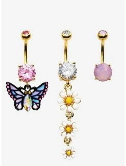 Promo 😉 14G Gold Steel Butterfly Daisy Navel Barbell 3 Pack 👍