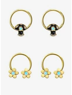 Cheap 🔔 Steel Gold Flower & Mushroom Moonstone Circular Barbell & Captive Hoop 4 Pack 🛒