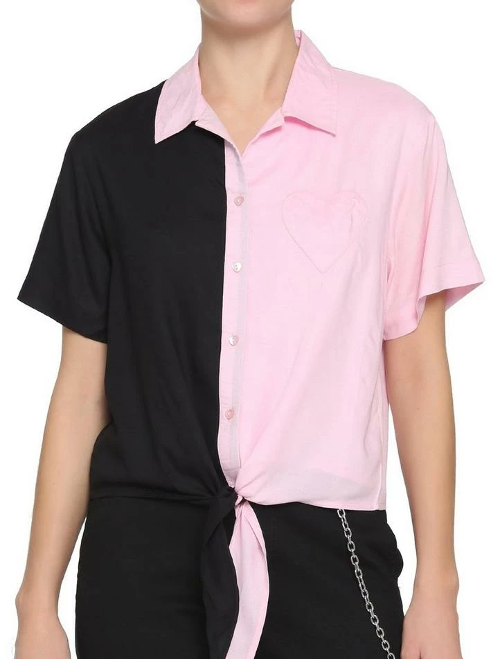 Outlet 🌟 Black & Pink Split Heart Tie-Front 👧 Girls Woven Button-Up 😍 3 Outlet 🌟 Black & Pink Split Heart Tie-Front 👧 Girls Woven Button-Up 😍