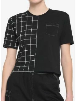 Cheap 😉 Black & White Grid Split 👧 Girls Boxy Crop T-Shirt 🤩