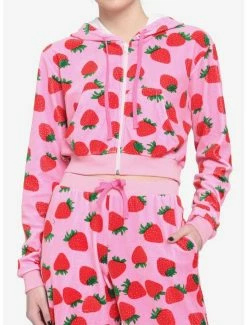 Promo 🔥 Pink Velour Strawberry 👧 Girls Crop Hoodie 🔔