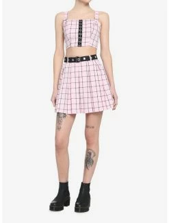 Best reviews of 💯 Pink & Black Grid Pleated 👗 Skirt With Grommet Belt 🛒 -HT Style Outlet Store 17100224 av2