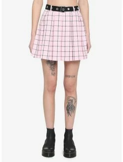 Best reviews of 💯 Pink & Black Grid Pleated 👗 Skirt With Grommet Belt 🛒