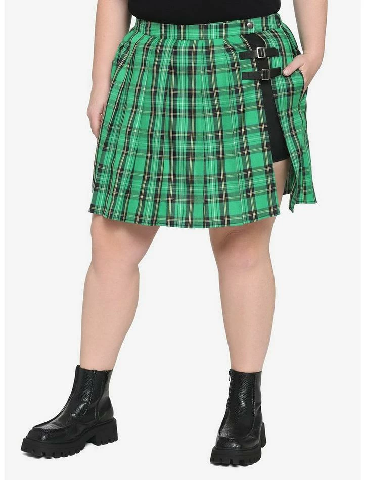 Buy ⭐ Green Plaid Buckle Pleated Skort Plus Size ✔️ 3 Buy ⭐ Green Plaid Buckle Pleated Skort Plus Size ✔️