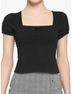 Promo 🧨 Black Square Neck Puff Sleeve 👧 Girls Top 🥰