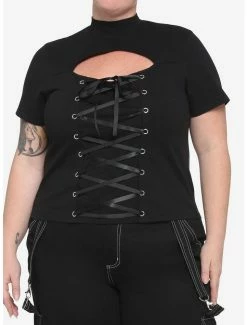 Best Pirce 👍 Black Lace-Up Cutout 👧 Girls Crop T-Shirt Plus Size 👍