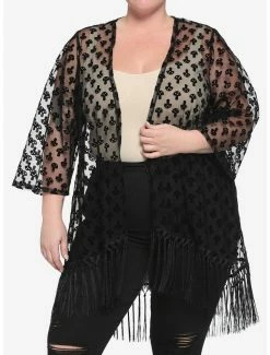 Flash Sale 🔔 Black Flocked Mushroom Fringe Duster Plus Size 👏