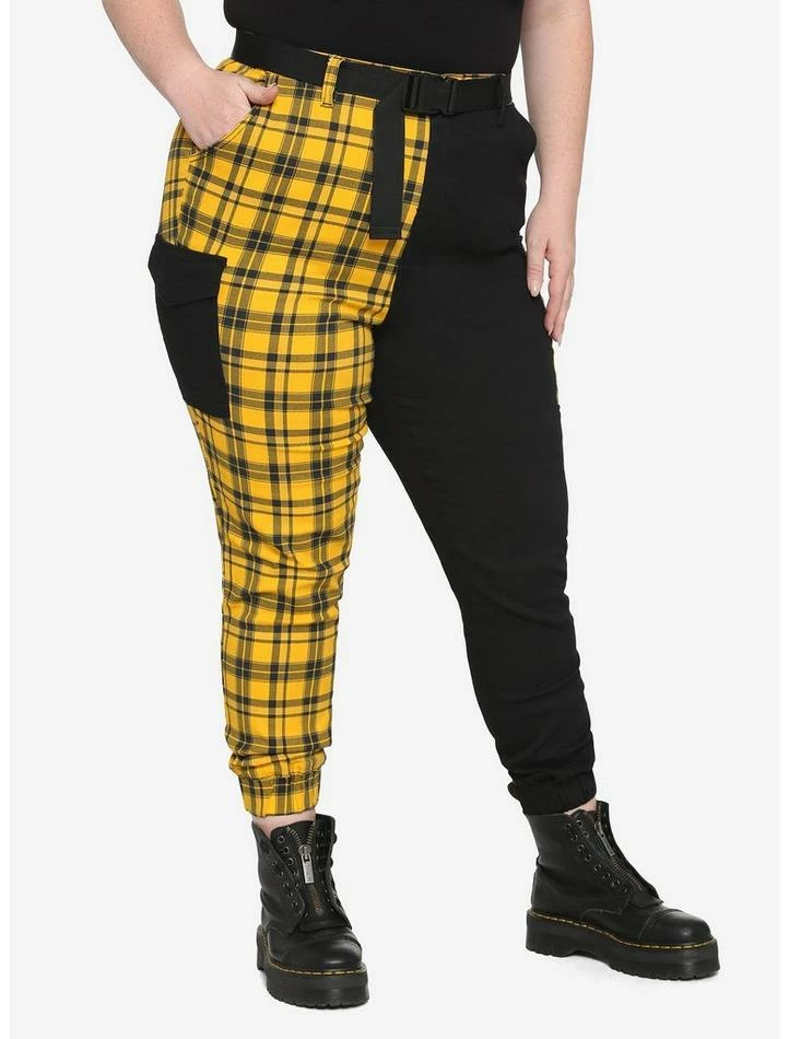 Wholesale 😀 Black & Yellow Plaid Split Cargo Jogger Pants Plus Size 🎁 3 Wholesale 😀 Black & Yellow Plaid Split Cargo Jogger Pants Plus Size 🎁