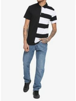 Flash Sale 🥰 Black & White Stripe Split O-Ring Zipper Polo 👕 Shirt ✨ -HT Style Outlet Store 17171507 av1