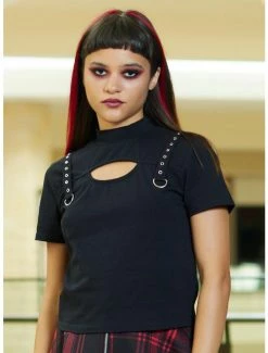 Buy 🧨 Black Grommet Mock Neck Cutout 👧 Girls Top 🌟