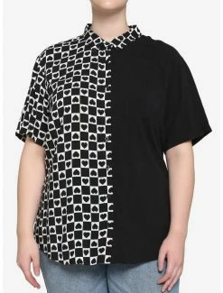 Wholesale 💯 Black & White Checkered Heart Split 👧 Girls Resort Woven Button-Up Plus Size 🥰