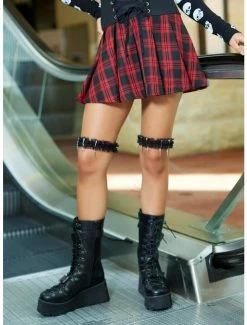 Coupon 😀 Black & Red Plaid Lace-Up 👗 Skirt 😀