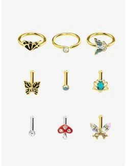 Cheap 👏 Steel Gold Mushrooms & Butterflies Nose Stud & Hoop 9 Pack 👍