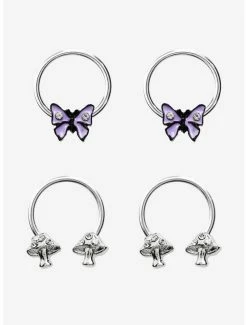 Buy 😍 Steel Silver Mushroom Butterfly Circular Barbell & Captive Hoop 4 Pack ✔️