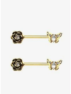 Best Sale 🤩 Steel Gold Butterfly Nipple Barbell 2 Pack 🎉