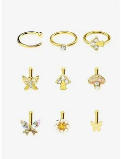 Best deal ✔️ Steel Gold CZ Gem Mushrooms Nose Stud & Hoop 9 Pack ✔️