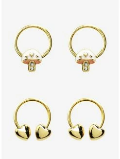 Wholesale 🧨 Steel Gold Mushroom Heart Circular Barbell & Captive Hoop 4 Pack 👍