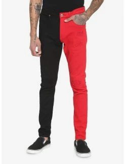 Cheap ✨ Red & Black Distressed Split-Leg Skinny 👖 Jeans 🥰