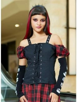 Cheap ✔️ Black & Red Plaid 👧 Girls Woven Lace-Up Top 🧨