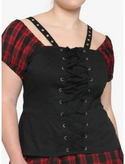 Best reviews of 🌟 Black & Red Plaid 👧 Girls Woven Lace-Up Top Plus Size 😀