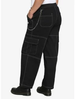 Hot Sale ⭐ Black & White Stitch Chain Carpenter Pants Plus Size ❤️ -HT Style Outlet Store 17278552 av1