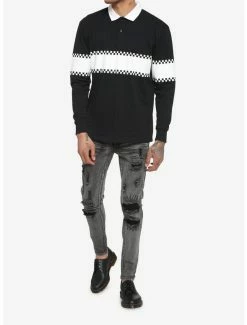 Discount 😍 Black & White Checkered Stripe Long-Sleeve Polo 😉 -HT Style Outlet Store 17413031 av1