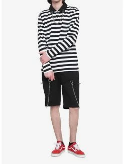 Hot Sale 😍 White & Black Stripe Chain Collar Long-Sleeve Polo 👚 Shirt 🔔 -HT Style Outlet Store 17414503 av1