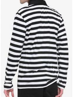 Hot Sale 😍 White & Black Stripe Chain Collar Long-Sleeve Polo 👚 Shirt 🔔 -HT Style Outlet Store 17414503 av2