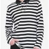 Hot Sale 😍 White & Black Stripe Chain Collar Long-Sleeve Polo 👚 Shirt 🔔 -HT Style Outlet Store 17414503 hi