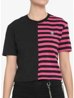 Best Sale 🥰 Black & Pink Stripe Split Boxy 👧 Girls Crop T-Shirt 🥰